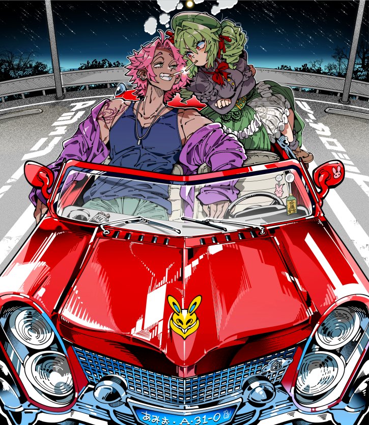 an anime couple sits in a red sports car on a city street at night. the girl, with long green hair, is wearing a green and black dress and is looking at the boy who is driving. the boy has pink hair and is wearing a purple jacket. the car is a convertible and the headlights are on. the license plate says "a3108."