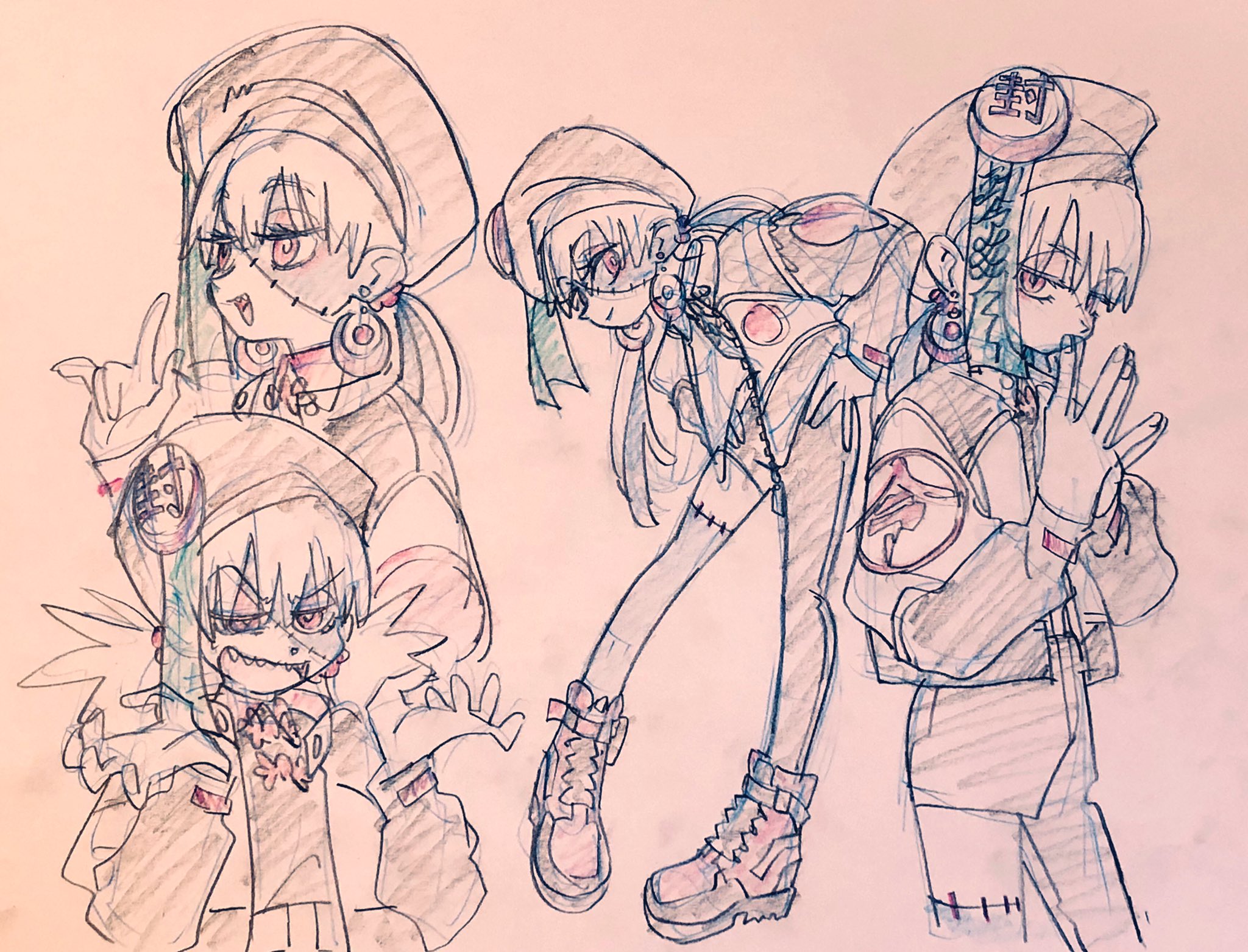 this image shows three different sketches of the same original character. the character is a girl with a black beanie, black jacket, and big earrings.  she has stitches on her face as if she was a zombie. she is posing with two fingers up in all three of the sketches. the color palette consists of different shades of grey.