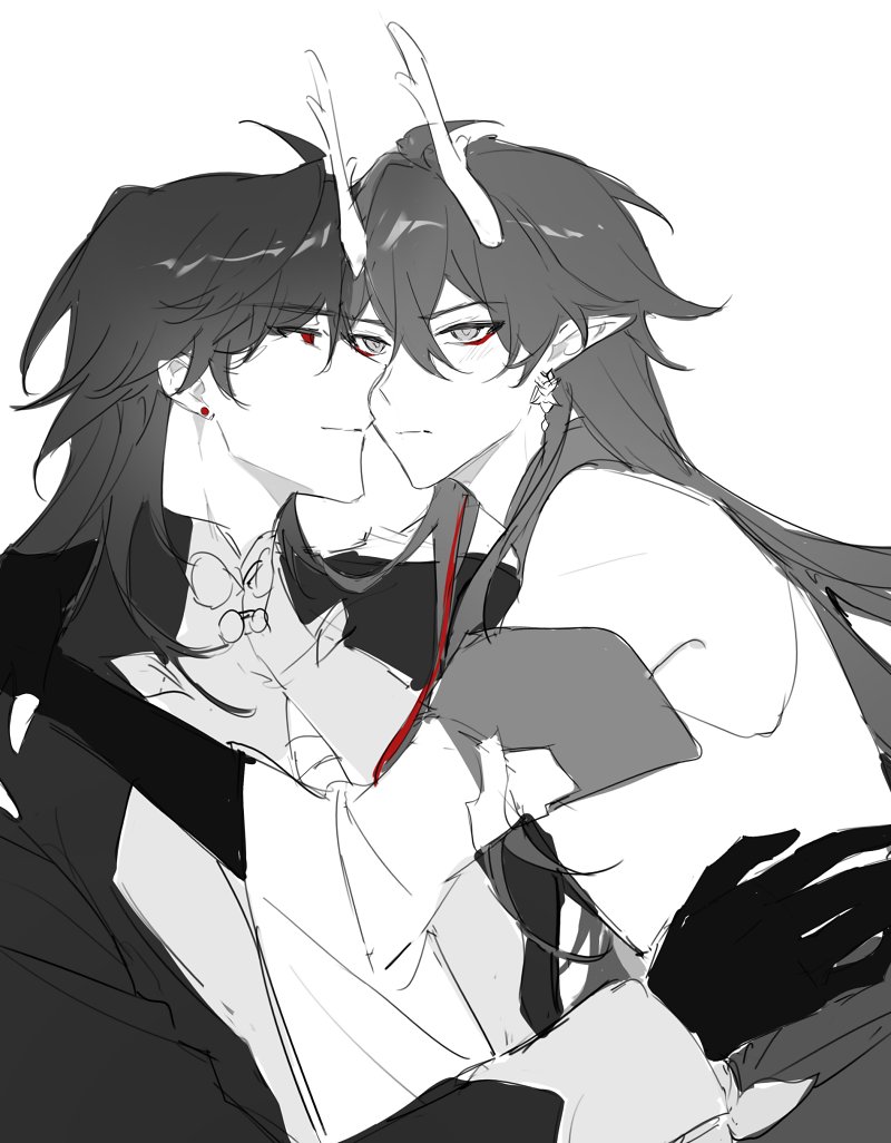 an image of two anime men embracing each other. they are drawn in black and white with a red line representing their embrace. the man on the left has long black hair and is wearing a white shirt, while the man on the right has long black hair with horns and is wearing a white shirt. they are both looking at each other with affection and passion.