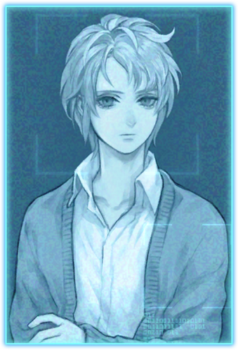 a digital portrait of a young boy with white hair and blue eyes, wearing a grey sweater over a white shirt. he has a neutral expression on his face and is looking at the viewer. the background is a blue gradient.