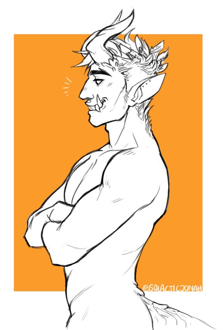 a line drawing of a male demon. he has horns, large tusks, and a muscular body. he is standing with his arms crossed and is looking to the side. the drawing is done in a simplistic style and is in black and white. the background is a solid orange.