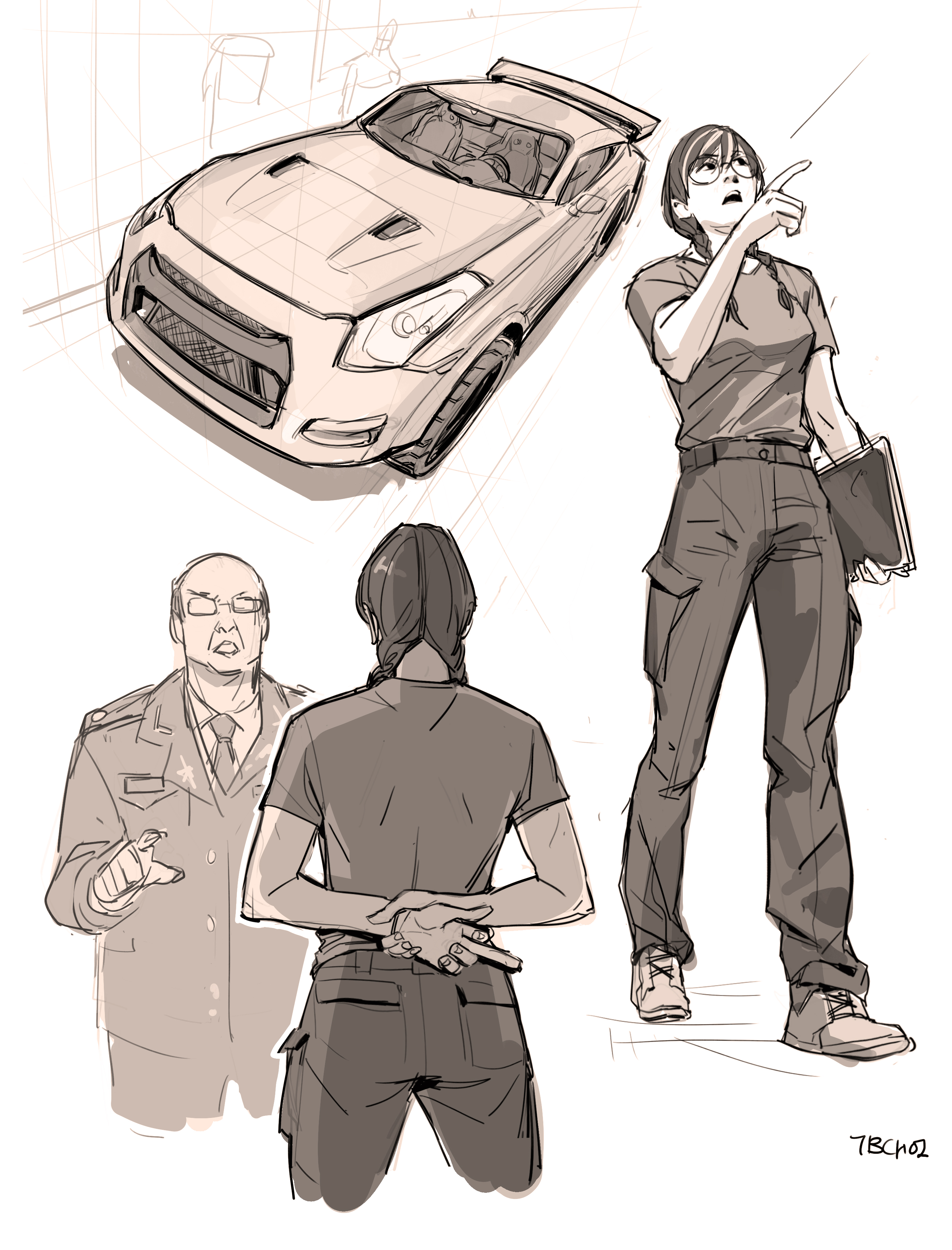 a grayscale sketch depicting three characters and a sports car. the car is a central element, shown from an elevated perspective. a woman in casual clothing stands to the right, pointing upward, while two men interact in the lower left: a militarylooking man in uniform and a person wearing casual clothing, standing with their back to the viewer. the style is loose and expressive, typical of concept art or character design work. the drawing exhibits clear lines and shading for the car and characters. the background features simple linework, indicating a possible setting but without much detail. the overall feel is a quick, dynamic sketch, capturing expressions and poses effectively.
