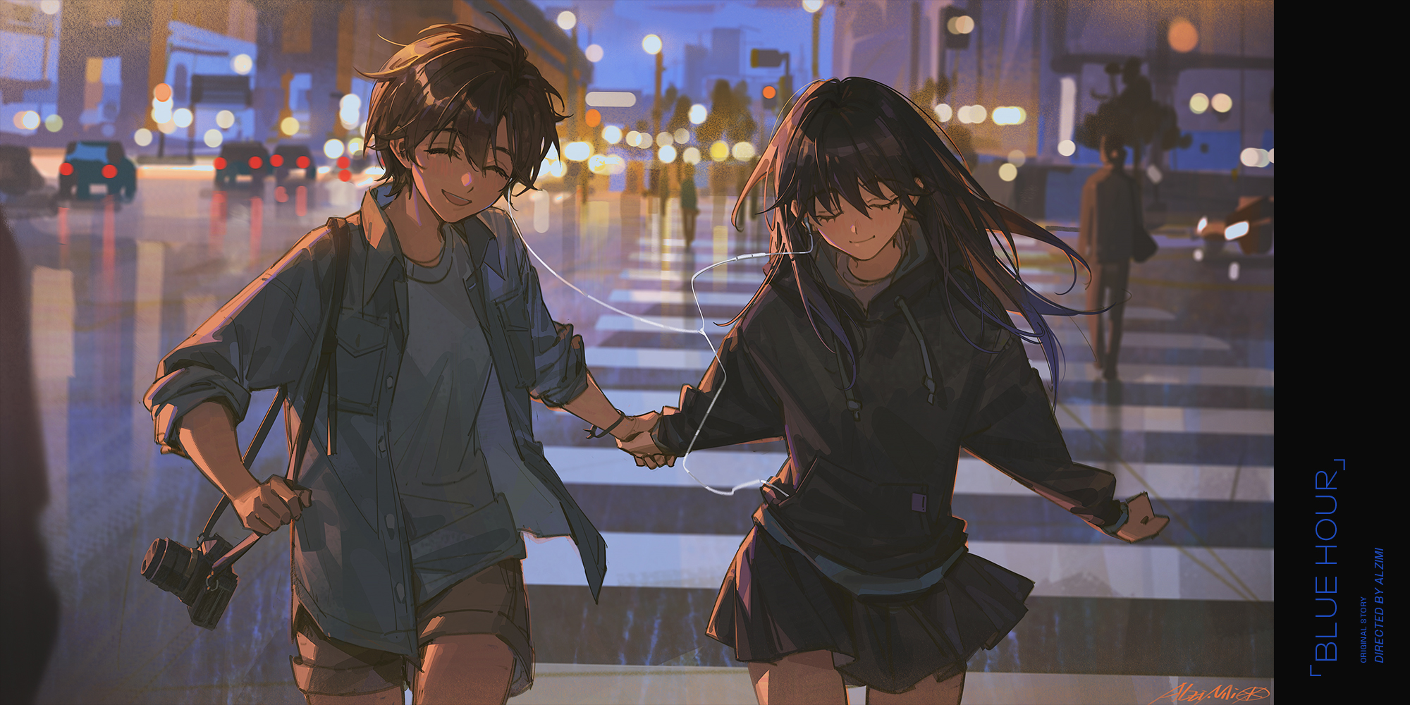 the image is a digital painting or illustration in the style of anime depicting a young couple, a boy and a girl, walking handinhand across a city street at dusk or "blue hour."  the scene is set in an urban environment with rainslicked streets and blurred background lights creating a bokeh effect.  the boy wears a denim jacket and carries a camera, while the girl is dressed in a dark hoodie and pleated skirt. they appear happy and content, sharing a pair of earphones, indicating intimacy and connection. the overall atmosphere is calm, romantic, and peaceful.  the background shows a typical city scene, with cars, buildings, and pedestrians, all subtly rendered to focus attention on the couple. the style is soft and painterly, with visible brush strokes. a stylized text overlay in the corner labels the artwork as "blue hour."
