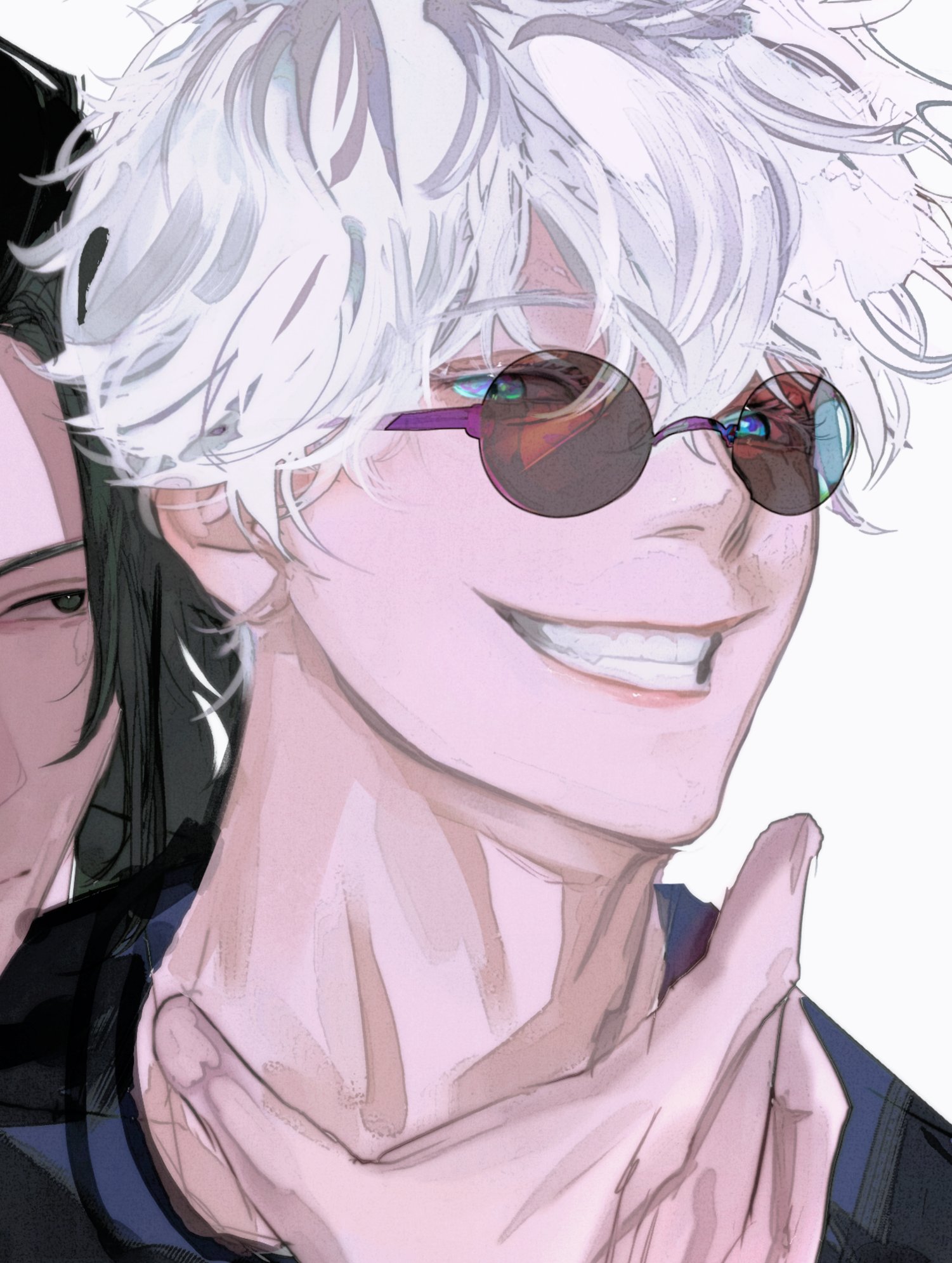 a closeup portrait of a young anime male character with white hair, dark eyes, and sunglasses.  he is smiling and holding his own neck with his hand.  he is wearing a dark blue shirt and has a casual, confident look.  the background is white, providing a clean and simple backdrop for the character.  the character's facial expressions and  style suggest that he is playful and charming.