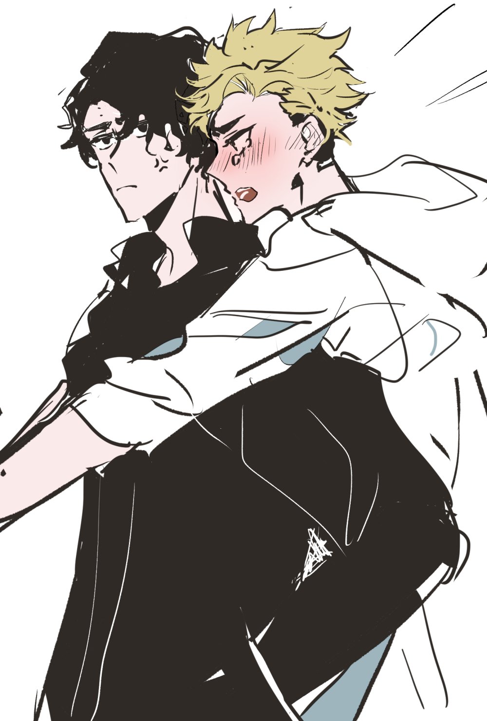 a drawing of two anime boys in a loving embrace. the boy on the left has dark hair and is wearing a black jacket, the boy on the right has blond hair and is wearing white clothing.  both boys are smiling and appear to be very happy with each other.
