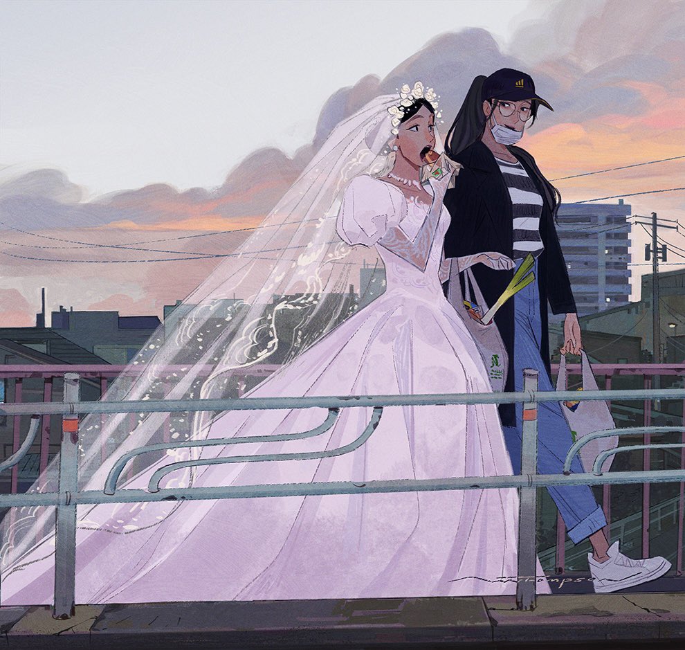 an illustration of two women walking down a street together. the one on the left is a bride in a white wedding dress and veil. the one on the right is in casual clothing, holding a shopping bag. they are walking on a bridge in a city with buildings and a sunset in the background.  the style is anime and  digital painting.