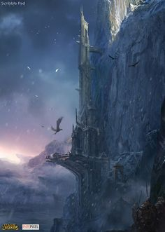 a digital art painting depicts a castle or tower built on a cliff, possibly a fantasy setting. the tower is tall and looks old, made of stone, with a mountain or cliff face beside it. there are birds flying around, and the sky has a dreamy, cloudy look. the color palette is mostly muted and cool, with blues and grays dominating the scene, creating a moody and atmospheric feel.