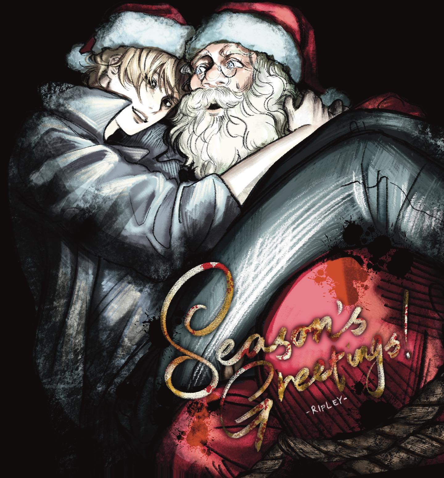 a digital illustration depicts a man dressed as santa claus and a woman embracing each other. the man's face is obscured by a large, white beard, while the woman is smiling brightly. the background is a deep red with splotches of white and black. in the foreground, the words "season's greetings" are written in stylized font. the woman is wearing a white blouse and black pants. she has dark hair and her arms are wrapped around the man's neck. the santa claus is wearing a red hat and a red coat. he has a white beard and white hair.  the woman is looking into the man's eyes, and the man is looking down at her. they are both smiling, and it seems like they are happy to be together. the illustration is a sweet and romantic depiction of a couple in love, embracing each other during the holiday season.