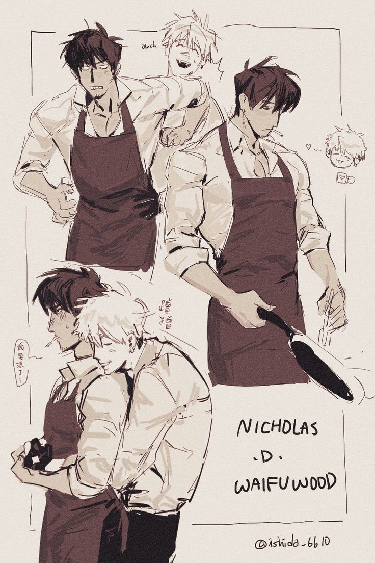 the image is a collection of charming monochrome sketches showcasing several animestyle male characters.  the art style is loose and expressive, with a focus on emotion and character interaction rather than extreme detail. several of the characters are wearing aprons, suggesting a kitchen or cooking theme.  one prominent scene features two men affectionately embracing, while other panels depict various characters in different poses and scenarios.  the artist's name and online tag are clearly visible at the bottom.  the overall mood is lighthearted and romantic, with a touch of humor.