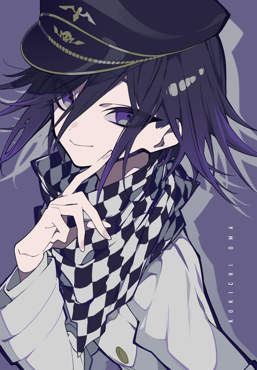 the image features an animestyle depiction of kokichi oma from danganronpa. he has dark hair, purple eyes, and a mischievous smirk. he is wearing a hat and a checkerboard scarf, with his finger on his chin in a thoughtful pose. the background is a solid purple color.