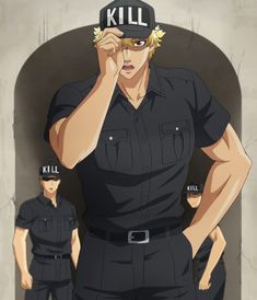 an anime character with short blonde hair and blue eyes is standing in front of a gray background. he is wearing a black shortsleeved buttonup shirt with two chest pockets and black pants with a belt. he is also wearing a black baseball cap with the word "kill" printed on it in white. he is holding the brim of his hat with his right hand. two other men with short black hair are standing behind him, one on each side. they are also wearing black uniforms with the word "kill" on their hats. the man in the center is looking serious, while the two men behind him are looking straight ahead.