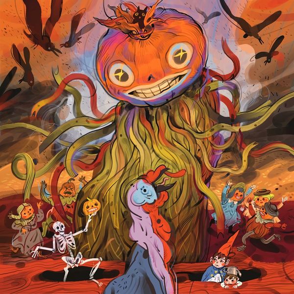 the image is a vibrant and whimsical illustration, seemingly depicting a halloween scene. a large, central figure dominates the composition. it is a monstrous pumpkinlike creature with a large, grinning face and long, tentaclelike appendages that extend from its base.  the pumpkin face has large, expressive eyes.  surrounding this central figure are smaller characters: children in periodstyle clothing, a skeleton, and a turkeylike creature, all engaging in various activities. some children seem to be fleeing from the pumpkin creature, while others are interacting with it or observing.  crows fly overhead, adding to the dark, fantastical atmosphere. the overall style is a mix of dark fantasy elements with a vibrant and almost whimsical color palette. the background is rich with earthy tones and patterns, further emphasizing the fantastical nature of the artwork.  the artistic style suggests a blend of digital painting and illustration techniques, with expressive linework and rich color saturation.