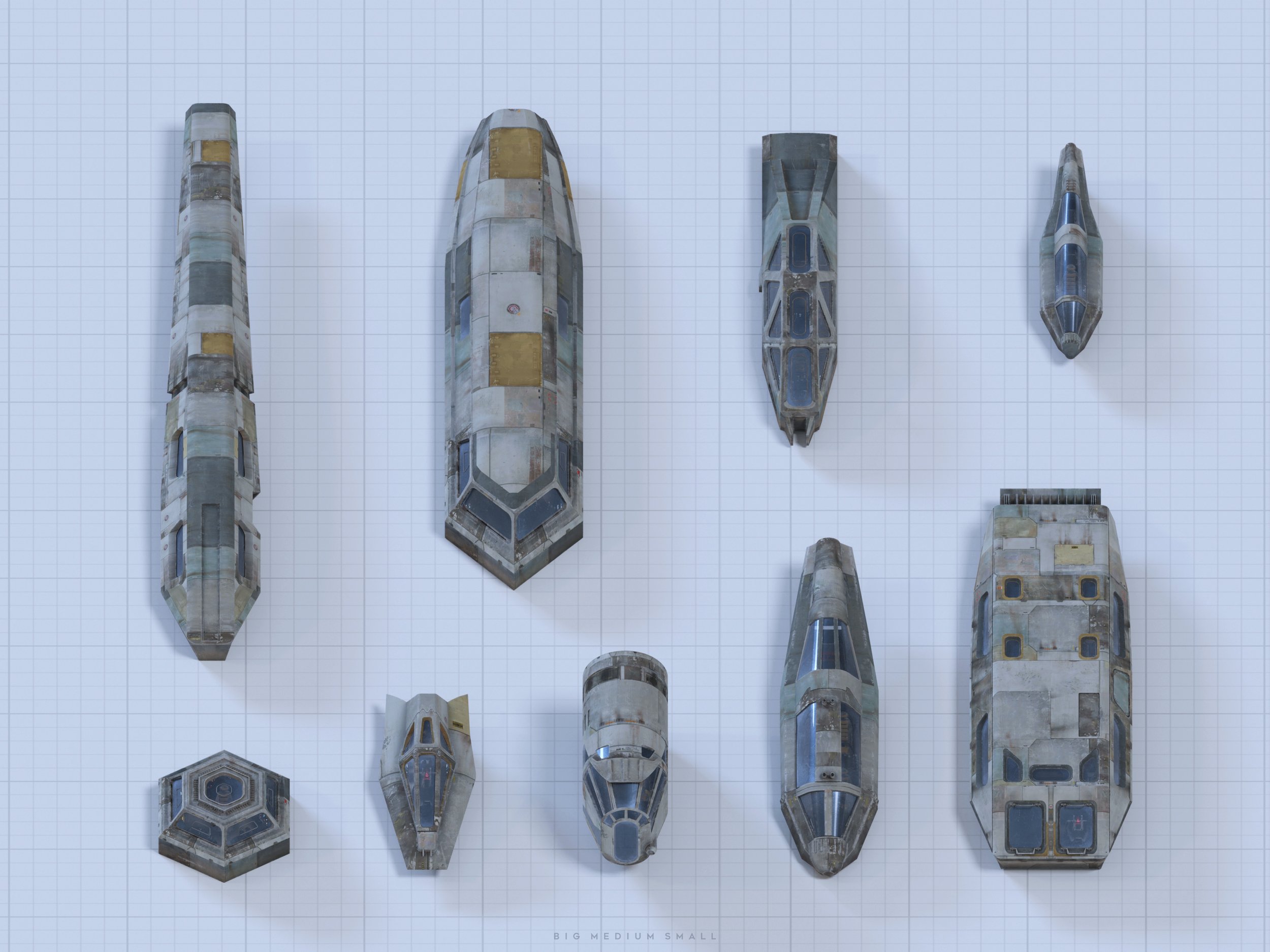 the image showcases a collection of nine spaceships of varying sizes, arranged on a gridded background resembling a blueprint.  the ships are predominantly grey and appear weathered or aged, giving them a used and battleworn look.  they are viewed from directly above, offering a topdown perspective. the sizes are indicated by a caption at the bottom, labeling the ships as big, medium, and small. the overall style suggests a science fiction or military setting.