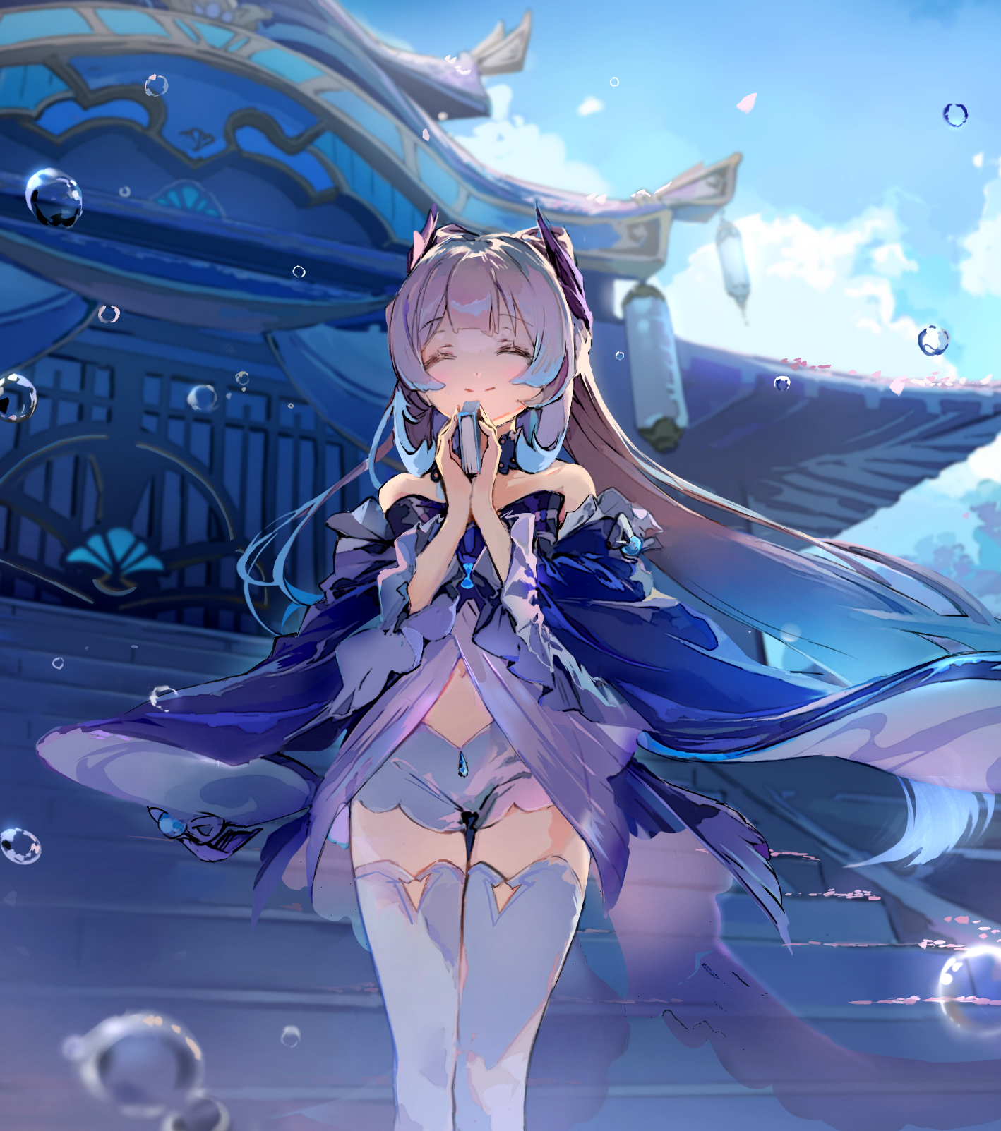 a young woman with long blue hair and blue eyes, dressed in a flowing blue dress, stands before a traditional east asian temple. bubbles float around her, and the sky above is partly cloudy. this appears to be fan art of the character kokomi from the video game genshin impact.