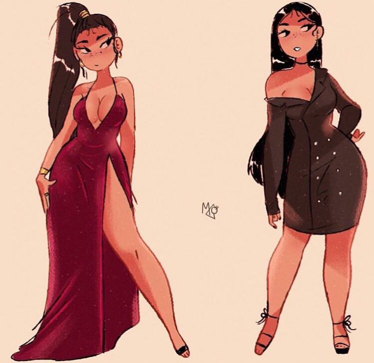 an illustration of two women wearing stylish outfits. the woman on the left is wearing a long, red dress with a high slit. she has long, black hair in a ponytail. the woman on the right is wearing a black blazer dress with strappy heels. she has long, black hair worn down.