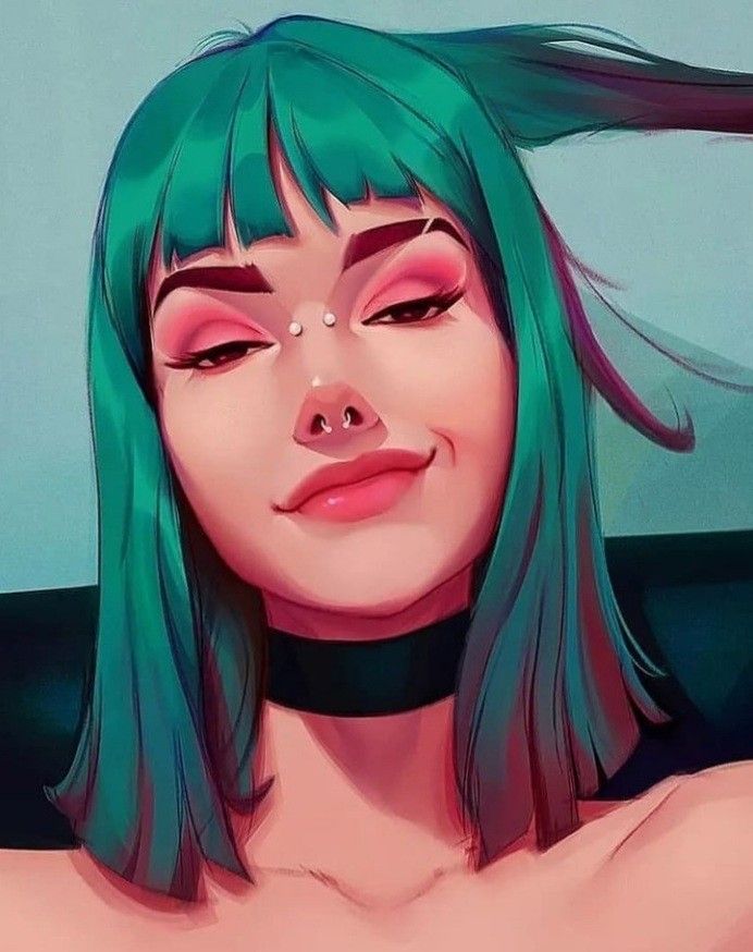 the image is a stylized digital painting or illustration of a young animestyle girl. she has vibrant teal or green hair cut into a bob with straight bangs. her expression is a soft, slightly mischievous smile. she has several piercings including a septum piercing and a small, subtle piercing on her upper nose. she's wearing a black choker necklace. the overall style is very soft and pretty, with vibrant, yet somewhat muted, colors and a smooth shading technique giving a somewhat "dreamy" quality to the portrait. the background is a simple, muted teal suggesting a relaxing or carefree atmosphere. the focus is entirely on the girl's face and upper body.