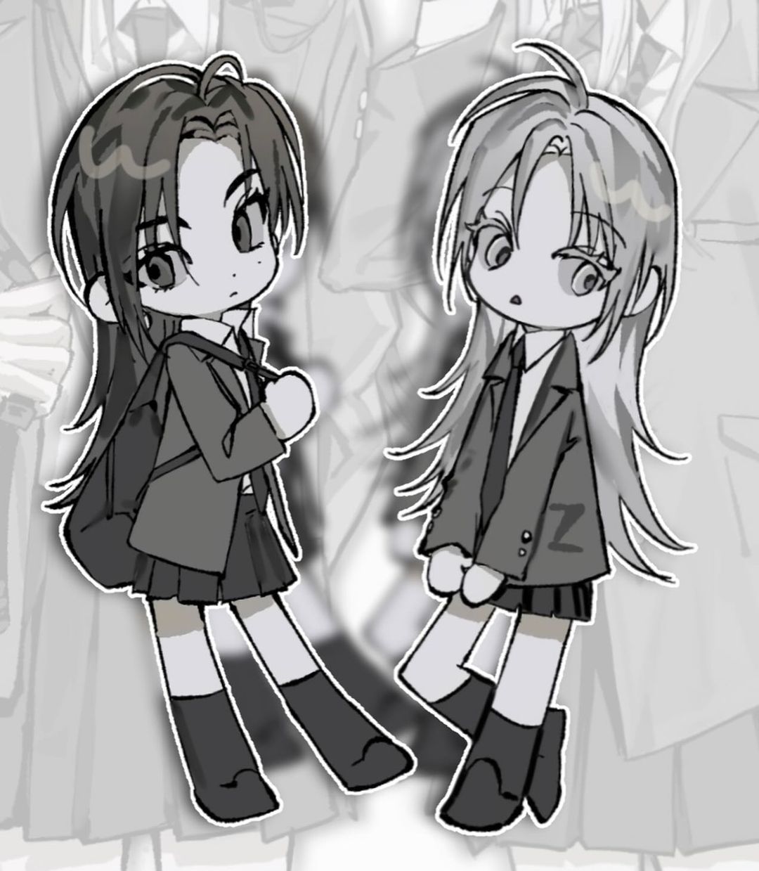 the image shows two chibistyle anime schoolgirls in grayscale.  they are wearing similar school uniforms consisting of blazers, skirts, and kneehigh socks. one girl has long brown hair and carries a backpack, while the other has long lightcolored hair.  both girls are drawn in a cute, stylized manner with exaggerated features typical of chibi art. they are positioned against a blurry background suggesting other figures in similar school uniforms. the overall style is simplistic yet charming.