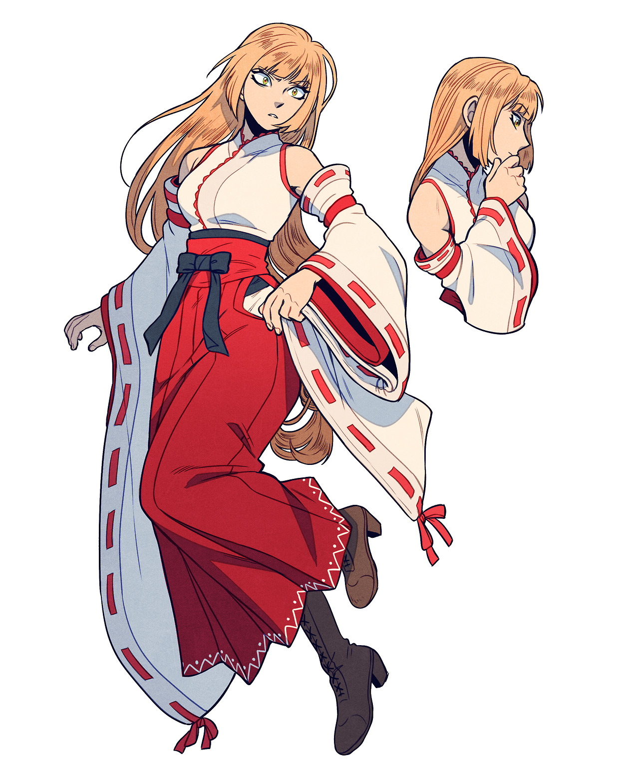 a digital illustration of a young woman, likely a miko (shrine maiden), with long, flowing blonde hair and a determined expression. she wears a traditional red and white outfit with flowing sleeves and hakama pants. the style is reminiscent of anime and manga. the background is pure white, putting the focus on the character. the lighting is soft, highlighting her features. she is captured in a dynamic, almost floating pose, suggesting movement and grace.
