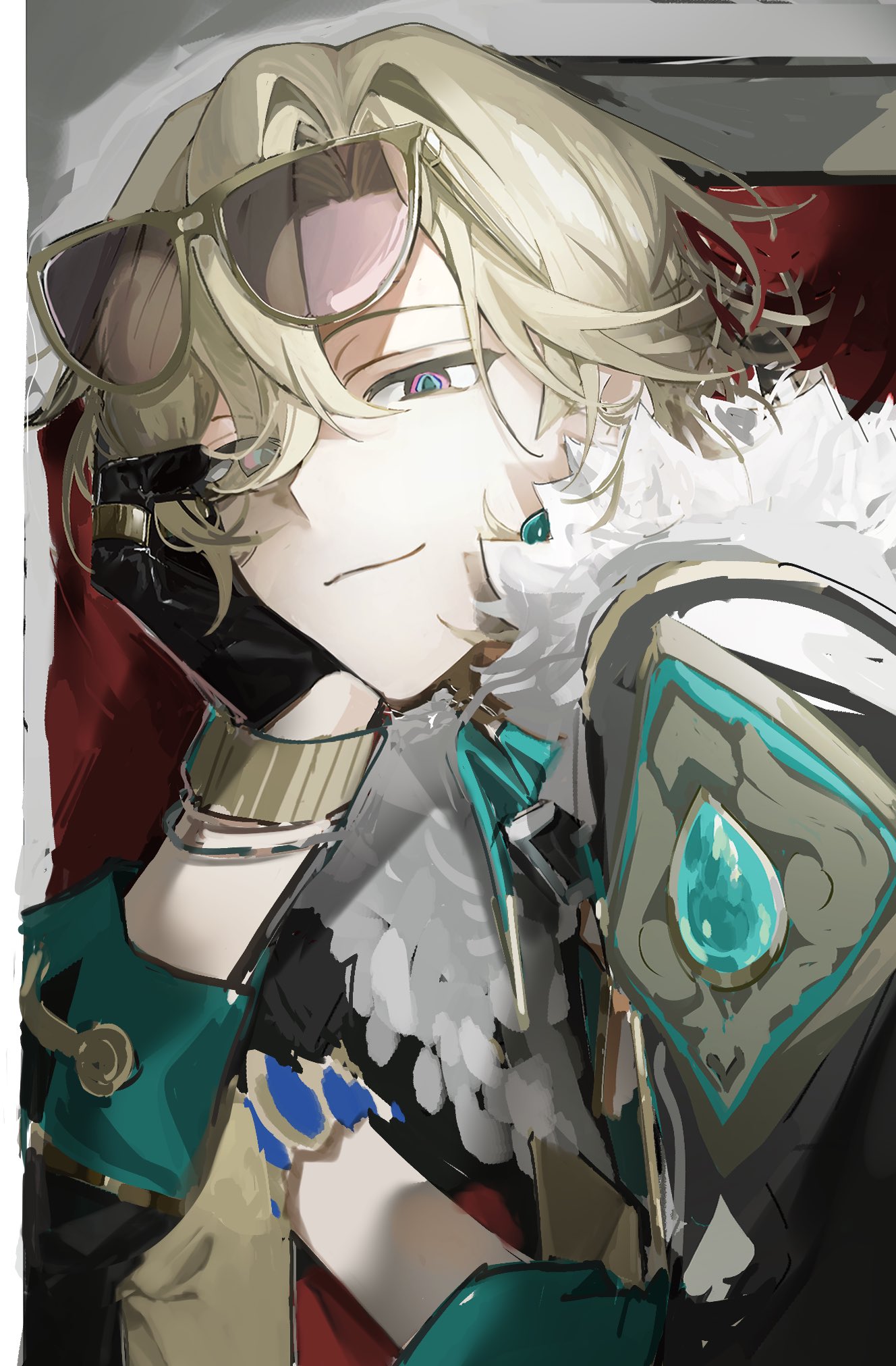 a digital art style animeinspired illustration of a man with blonde hair, wearing sunglasses perched on his head, a smirk on his face, and a fancy outfit with turquoise jewelry. he has a collar, and feather boa, and wears shoulder armor. the background is red.