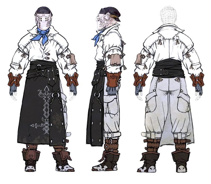 a character design sketch showing three different views of a male character wearing a white shirt with a dark sash belt, dark pants,  gloves, boots, and a mask. the character is also wearing a hat.