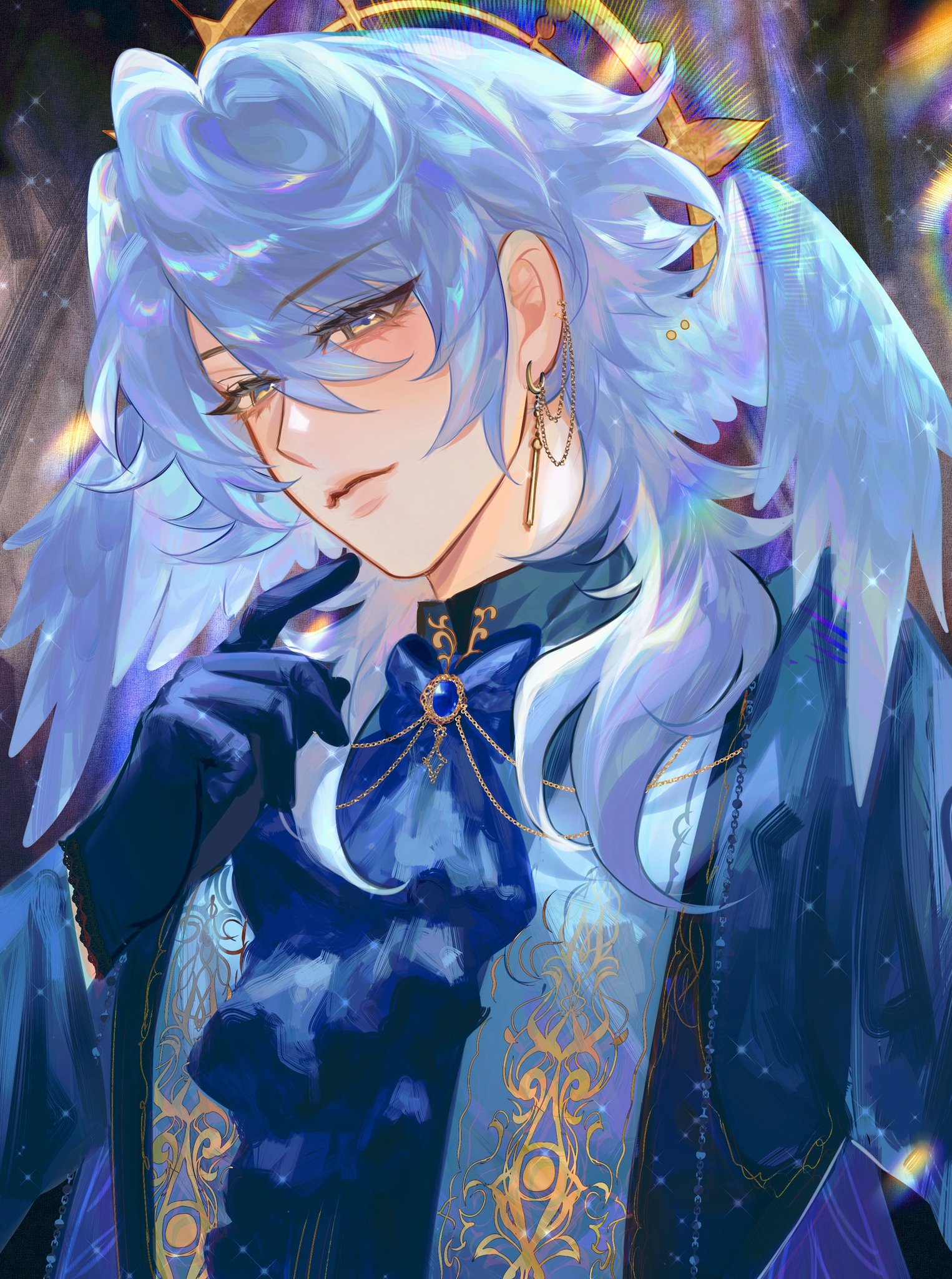 the image is a digital painting of an animestyle male character. he has long, flowing, iridescent blue hair and appears to have large, feathery wings. he's dressed in elaborate, ornate clothing with a combination of deep blues and gold accents. the character wears dark gloves and several pieces of jewelry, including long earrings and a necklace with a central blue gemstone.  his expression is somewhat serious and mysterious. the background is a soft blur of dark colors and sparkling lights, enhancing the ethereal and magical atmosphere. the overall style is highly detailed and polished. the artwork evokes a sense of fantasy and grace.