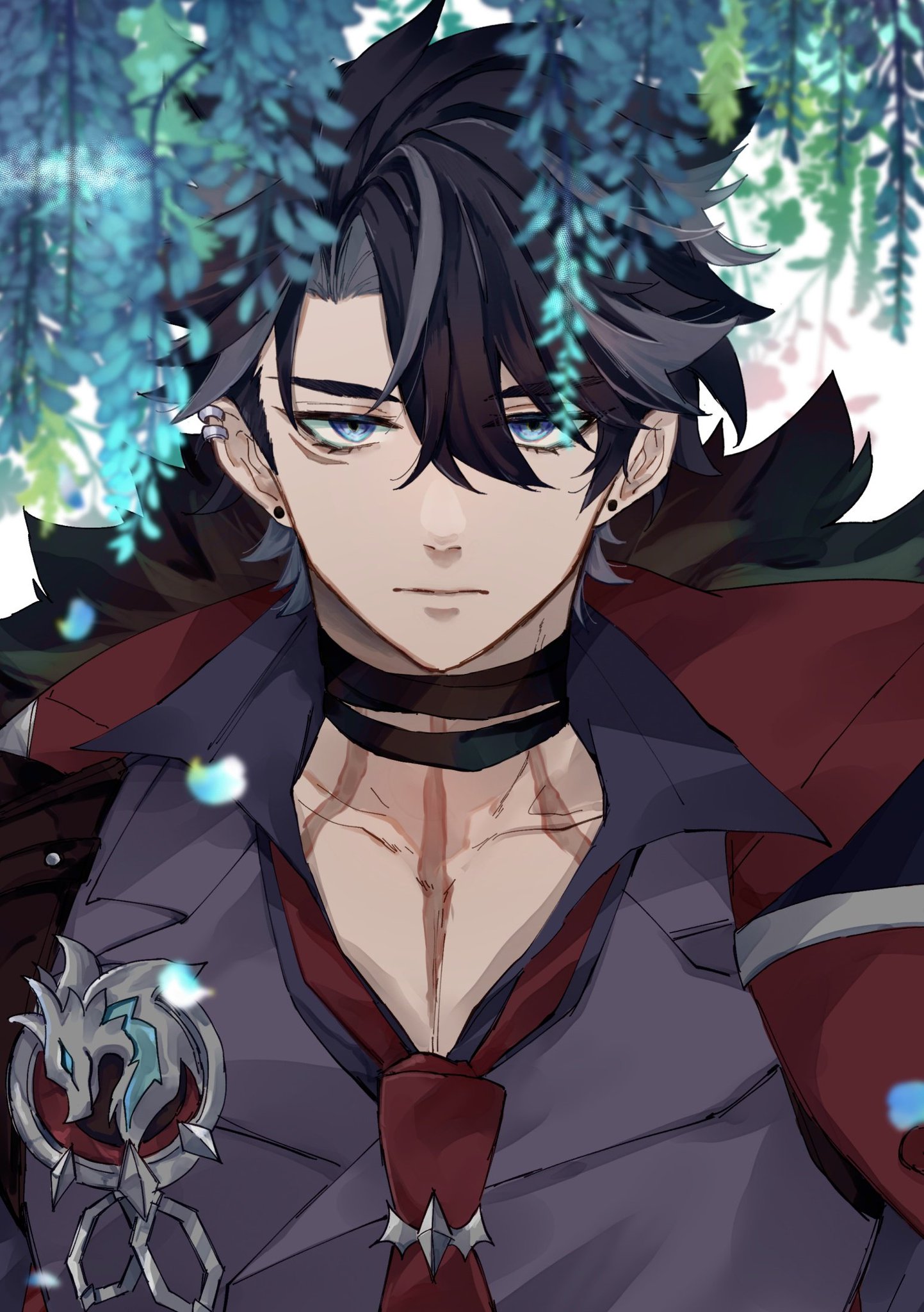 this is an anime illustration of a young male character. he has black hair, blue eyes, and is wearing a black necklace and a red tie. he is looking directly at the viewer with a serious expression. the background features blue flowers, creating a soft and romantic atmosphere. the image is beautifully drawn with detailed shading and textures.