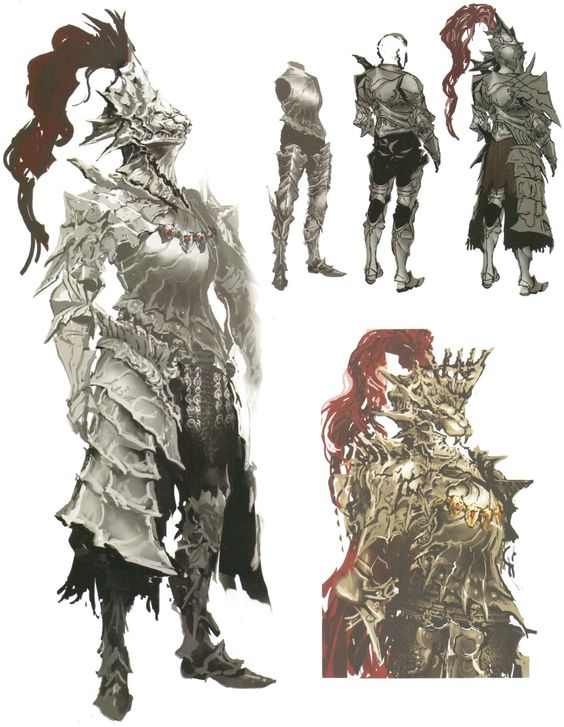 the image showcases concept art for a heavily armored warrior, likely a knight, from a fantasy setting. the character is depicted in various poses and angles: a full front view, a back view, a side view without a helmet, and a closeup bust in different armor coloring. the armor is intricate and ornate, featuring sharp angles, pointed edges, and a dragonlike helmet with flowing red hair. the color palette primarily uses shades of gray and silver for the armor, contrasted with the vibrant red of the hair. the background is a clean white, allowing the armor details to stand out.  the overall aesthetic suggests a dark fantasy setting, reminiscent of games like dark souls.
