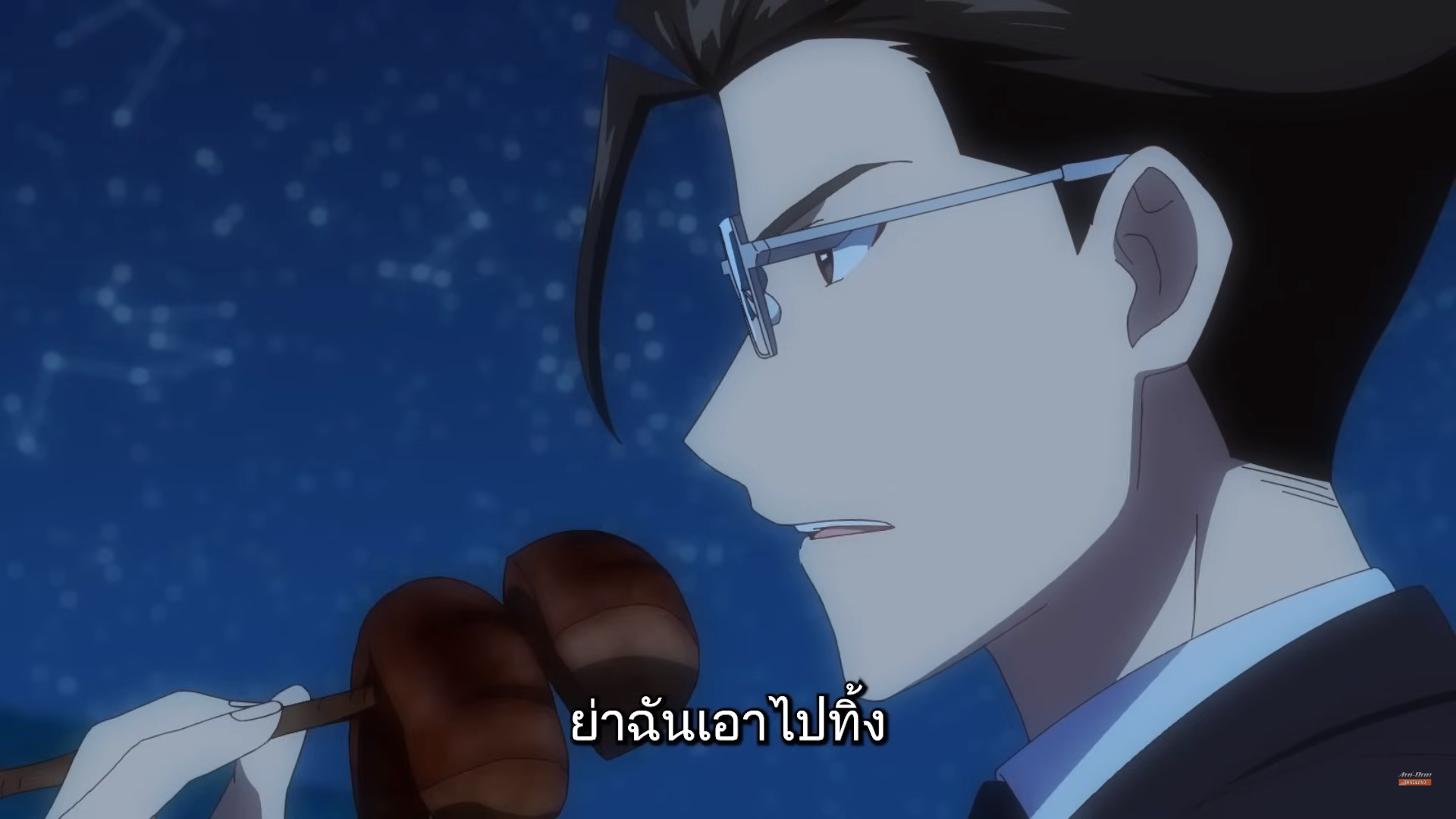 a closeup image of an anime man with short brown hair and glasses holding a microphone in his hand, seemingly about to speak. the background is dark blue with white dots resembling stars in the sky. the image also contains some japanese text.