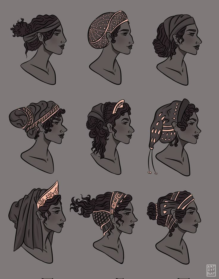 the image is an illustration featuring nine different hairstyles with headwear on women, presented in a grid. the hairstyles are various types of buns and curly hair, adorned with headscarves, bands, and other forms of headwear with decorative patterns. the style appears to be inspired by ancient greek and roman fashion. the illustrations are done in shades of gray, with detailed lines and shading. each woman is shown in a side profile.