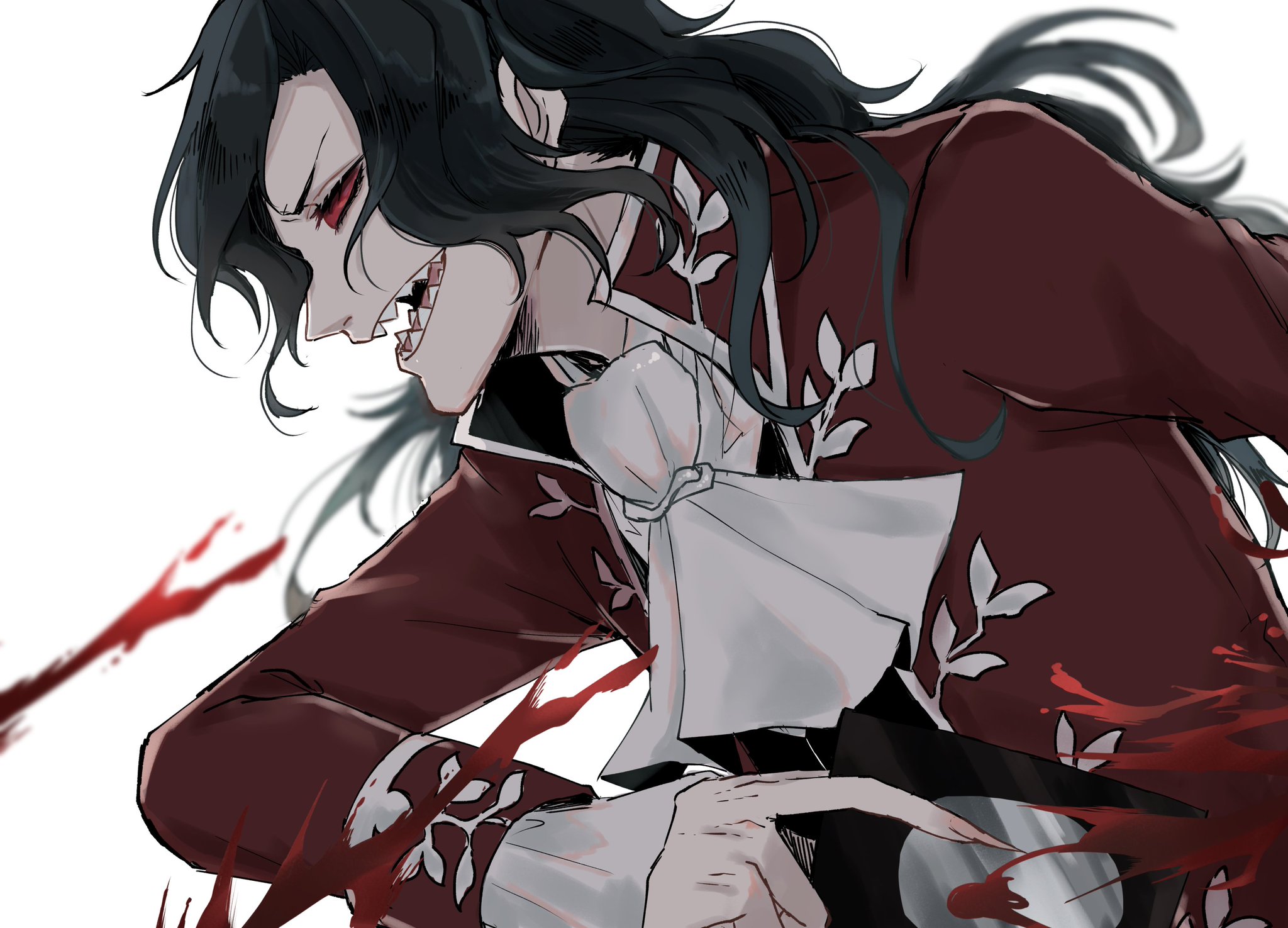 an anime male with long black hair wearing a red jacket with white shirt underneath. he has sharp red eyes and fangs, and blood is dripping from his mouth. he looks menacing and frightening.