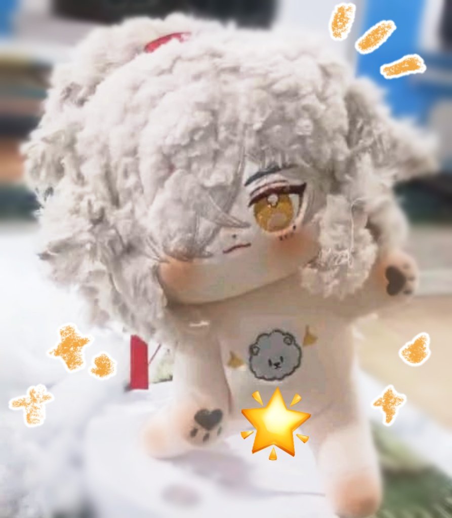 a closeup of a white plush toy with a fluffy, white, animeinspired character design with yellow eyes and a star shape near it. the plush toy is sitting on a white background.