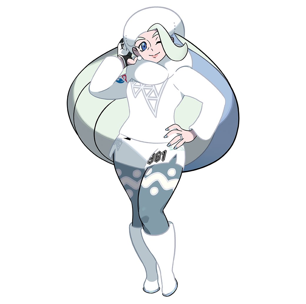 a female pokemon character with long white hair is standing and smiling with her head tilted and winking. her hair is tied back in a ponytail. she is wearing a white sweater, blue pants with white spots, and white boots. she has a blue background and her eyes are blue. the character is from the pokemon video game series.