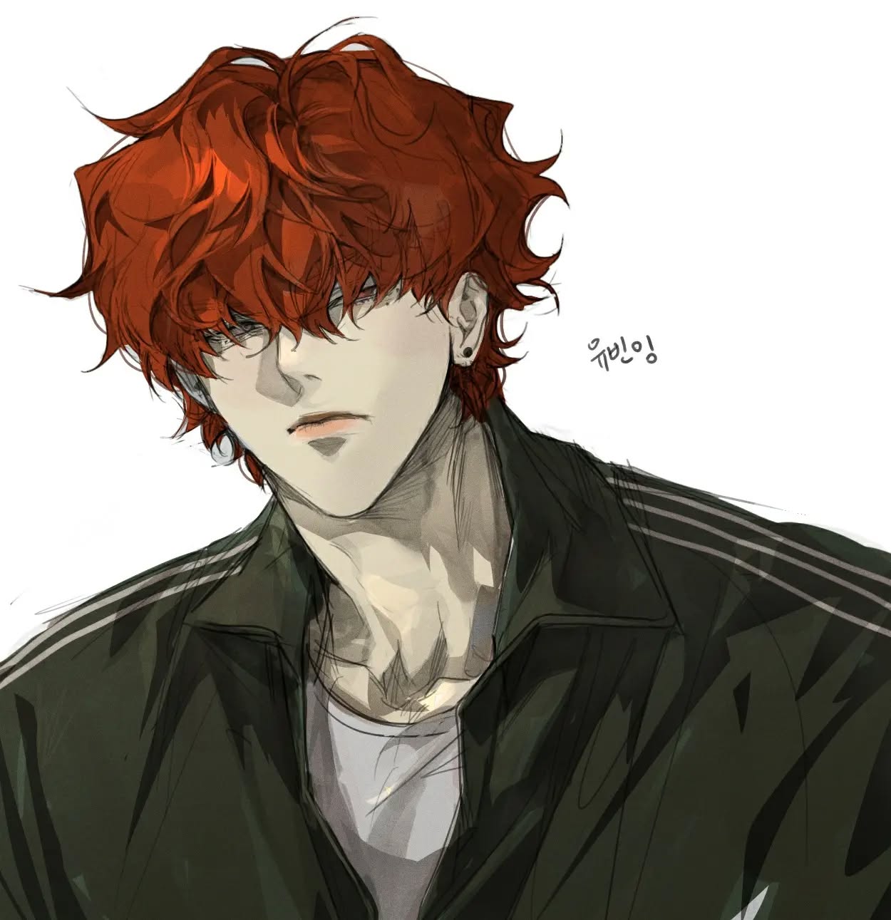 the image is a digital painting or illustration of a young man with vibrant, slightly messy shoulderlength red hair. he has a serious or stoic expression on his face and is wearing a dark olive green jacket with three stripes on the shoulders, suggesting a tracksuit style. he appears to have an earring in his left ear. the art style is realistic, yet has an anime/mangainspired aesthetic, with a focus on soft shading and blending of colors. a korean artist signature is visible near his shoulder. the background is simple, primarily white, drawing all attention to the subject.