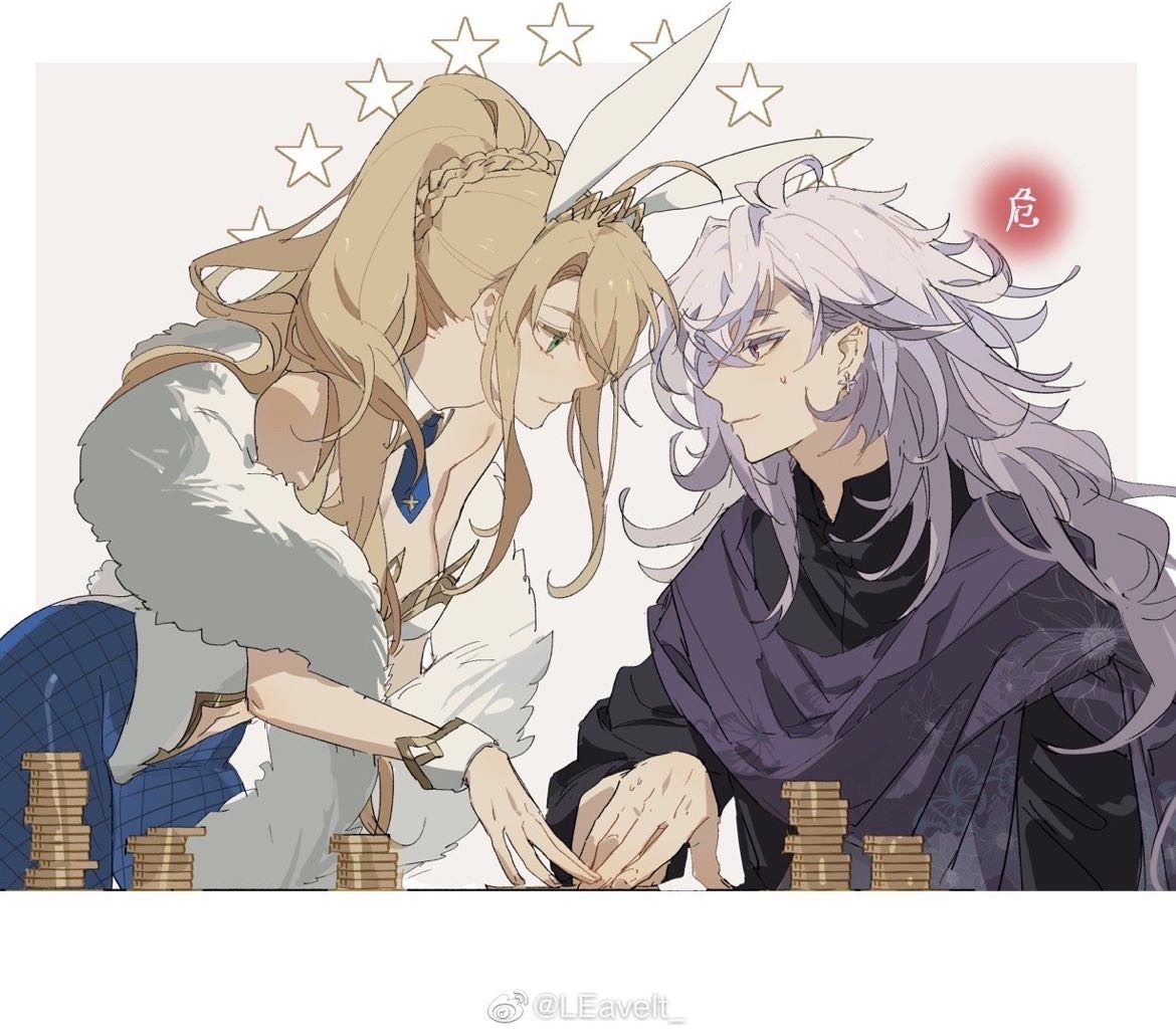 an illustration depicts a blonde woman with long hair in a braid and bunny ears, wearing a blue dress with fur trim, and a whitehaired man with long wavy hair and a purple shawl. they are sitting at a table, playing a game with coins. a red kanji character is visible in the top right corner, and stars are above them.