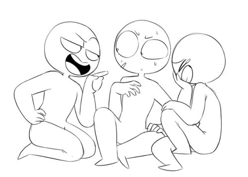 this is a digital drawing of three people posing in a cartoonish style, with their arms and legs clearly outlined. the characters have no facial features or clothes, making it a great base for a drawing.  the person on the left is kneeling, pointing at the person on the right. the person on the right is holding their cheek and appears to be reacting to the person on the left, while the person in the center has a surprised expression and is gesturing with their hand.  the drawing is a cartoonish style, with simplified lines and exaggerated features.