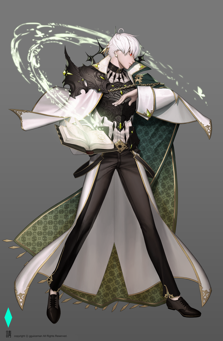 a young male mage with white hair and red eyes stands in a dramatic pose, holding a book that is glowing with magical energy. he is dressed in a flowing white robe with a green cloak and ornate armor. the robe is embroidered with a delicate pattern and adorned with gold trim.  he appears to be about to cast a spell.
