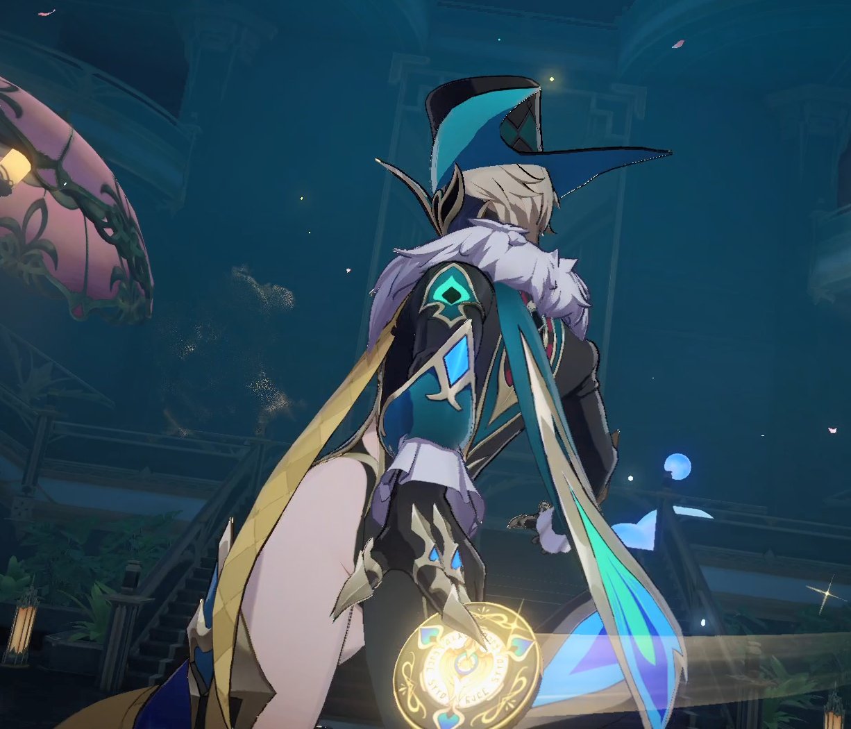 a character from the game genshin impact, tartaglia or childe, is shown in the image. he is wielding a sword with blue and green feathers and has a blue and gold hat on his head. he is in a building with a blue and green color scheme.
