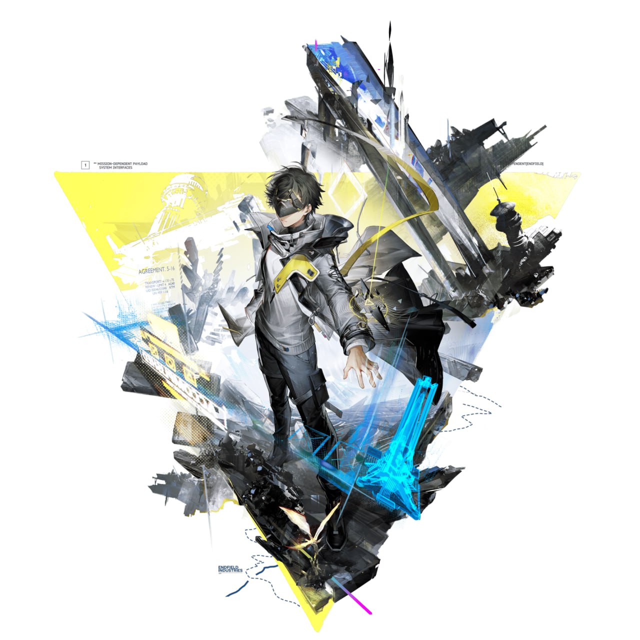 the image is a dynamic and stylized artwork, possibly from a video game or anime, featuring a male protagonist in a futuristic setting. he's dressed in a grey and black cyberpunkstyle outfit, with a yellow sash or accessory across his chest, and a dark mask covering the lower half of his face. he stands in a powerful pose, seemingly midaction. the background is a chaotic mix of abstract shapes suggesting a futuristic cityscape with elements of spaceships, buildings, and explosions.  bright yellow and blue accents contrast with the darker greys and blacks of the overall palette. the style is heavily influenced by anime and manga, with detailed character design and dynamic compositions emphasizing movement and energy. the overall atmosphere is one of action and intensity, suggesting a fastpaced and dramatic narrative.
