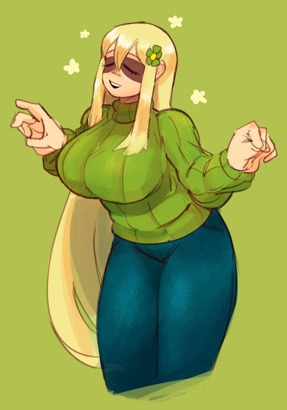 a digital illustration of a woman with long blonde hair, wearing a green sweater and blue pants. she is smiling and has flowers in her hair. the background is a light green.