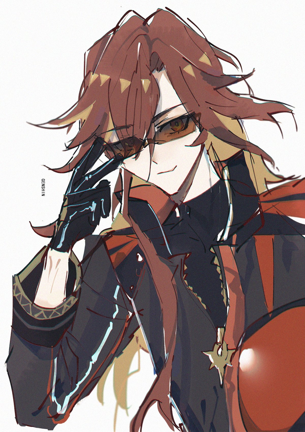 a drawing of a male anime character in a black jacket with red accents. he has long, red hair and is wearing sunglasses. he is smirking and looks confident.