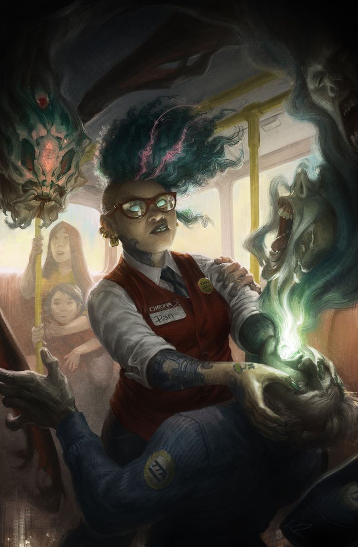 a woman with green hair and a bus driver's uniform stands on a bus, looking at a man who is being possessed by a ghost. the ghost is green and has glowing eyes. there are other passengers on the bus, but they are not visible. the woman is clearly afraid, and the passengers are not aware of what is happening. the scene is dark and mysterious, and the woman's fear is palpable.