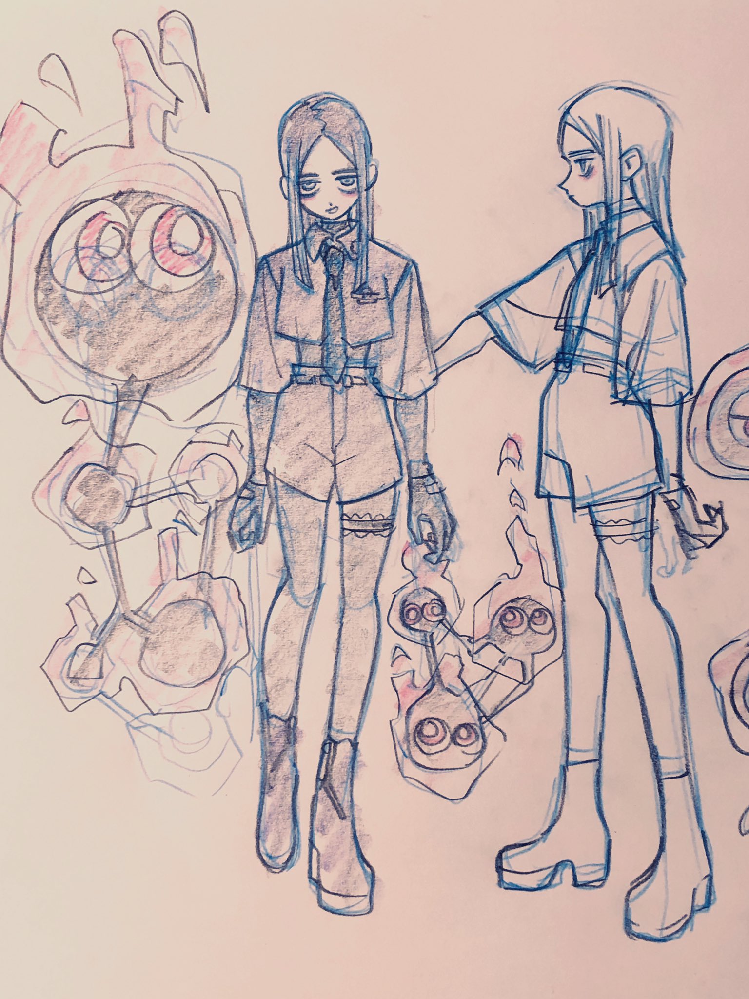 this image features a pencil sketch of two iterations of a character design.  the character is a girl with long dark hair, a collared shirt, a tie, belted shorts, lace garters, and chunky boots. floating around her are several small black blob creatures with eyes.