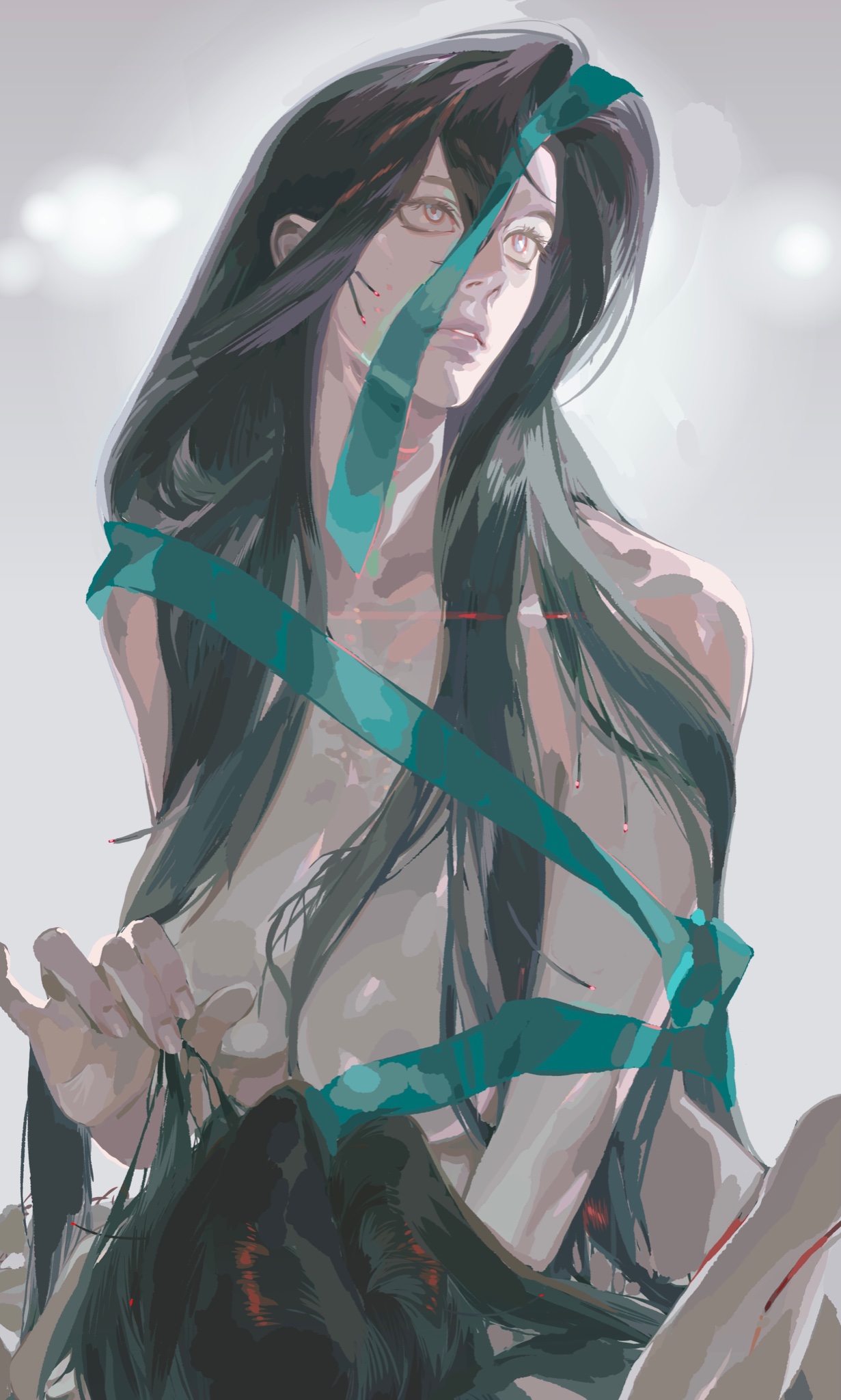 the image is a stylized digital painting of a pale woman with long, dark hair. a wide, blue ribbon is wrapped around her, covering part of her face and body. she appears nude. the woman has a melancholic and sad expression. the background is a muted grey with hints of clouds. the overall style suggests a fantasy or art illustration.