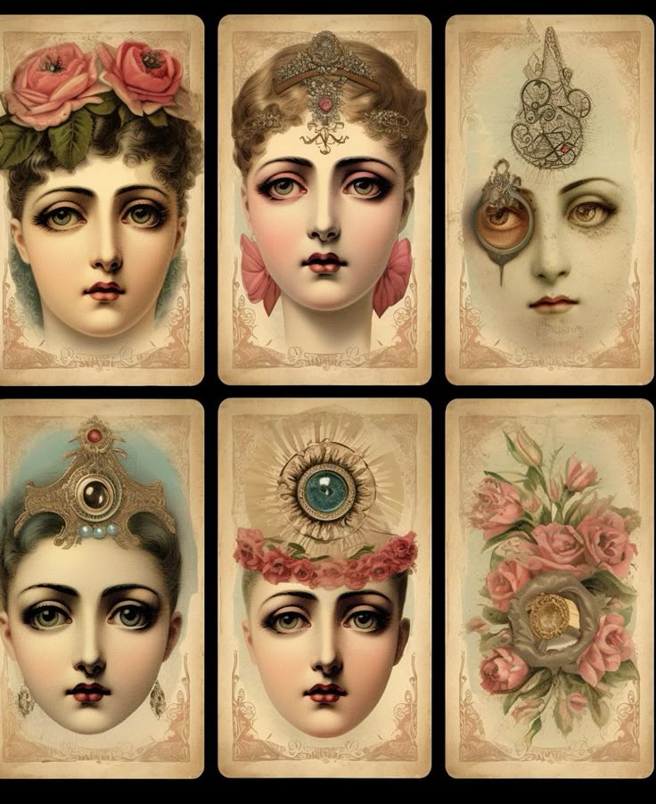 the image shows six tarotstyle cards arranged in two rows. each card features a woman's face with various embellishments. some have floral headdresses, others wear ornate jewelry and crowns, and one has a steampunkinspired mechanical eye and headpiece. the overall style is vintage, whimsical, and surreal.