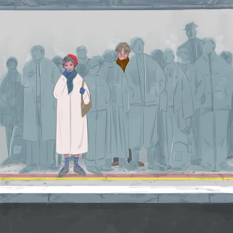 a cartoon illustration of a crowd of people standing on a train platform.  most of the people are drawn in a simple gray or white silhouette.  the most central figure is a woman with a red hat, white coat, and blue scarf, standing in the center of the crowd.