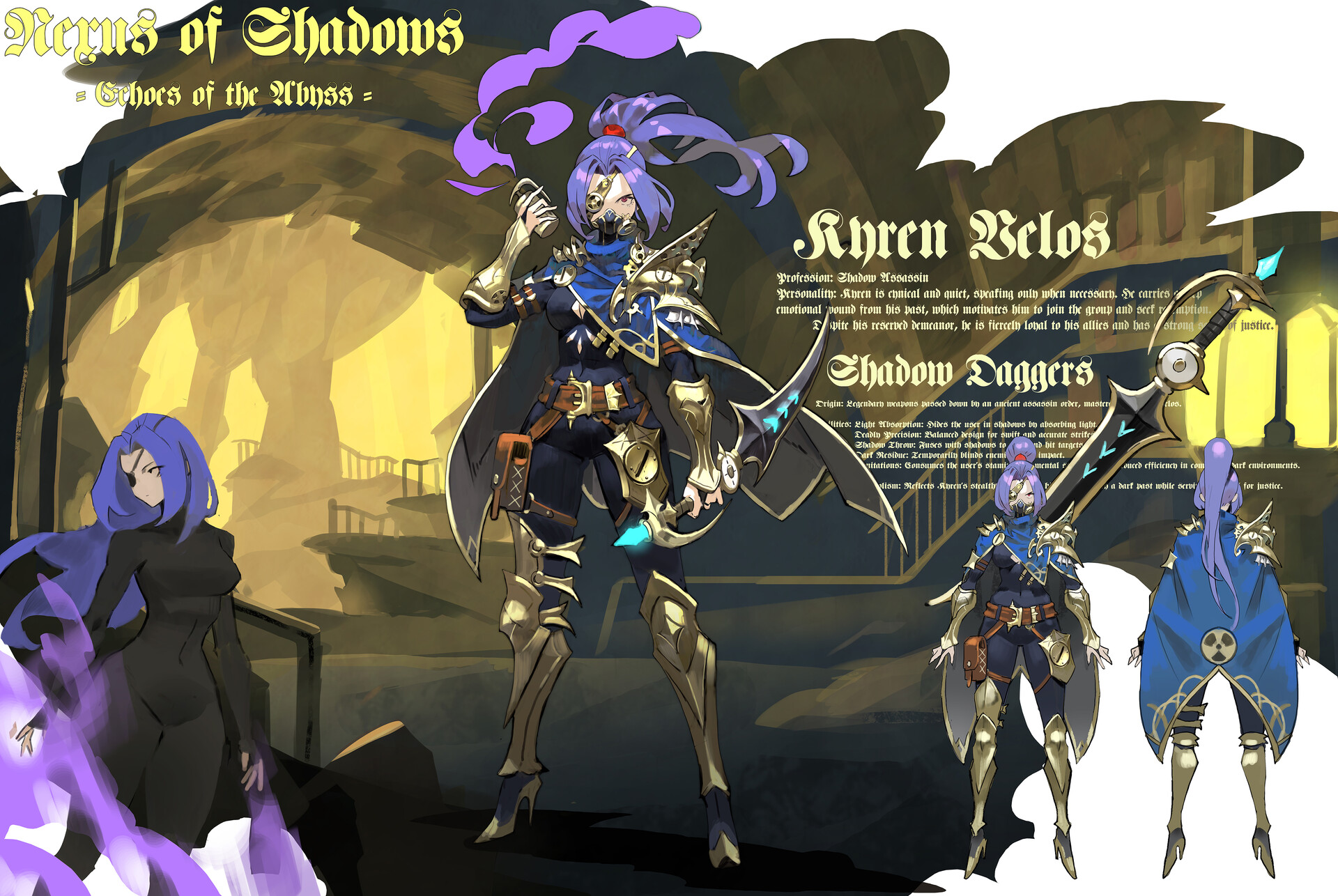 this image is a character design sheet for a fantasy character named kyren velos. the character is a shadow assassin, and the sheet includes a fullbody view of the character, as well as details on her clothing, weapons, and personality. the character is a female with purple hair, an eyepatch, and steampunk elements. she is wearing armor and carrying daggers. the sheet also includes a description of her personality and background. the image also has the title "aens of shadows" and subtitle "echoes of the abyss". in the background, there's another female character with similar aesthetics to the first one.