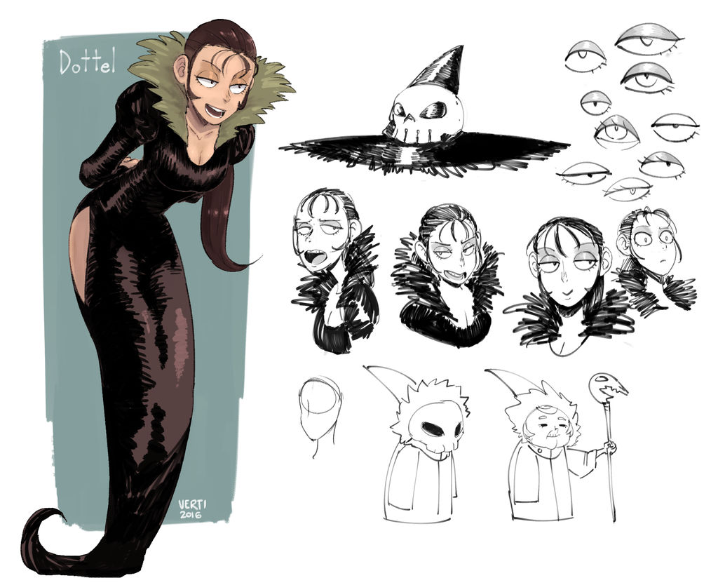 a drawing of a young woman with a long black dress, she has long brown hair and her dress is adorned with a fur collar. she is looking down at the viewer. the drawing is on a light blue background. there are various other drawings around her, including a hat with a skull on it, a skeleton, different expressions of the woman, and other details like her eyes.