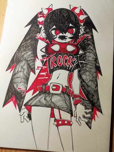 a pen and ink drawing of an anime girl wearing a red top with the word "rock" on it, black shorts, and black leggings. she has long black hair with red spikes. she's making a tough face.
