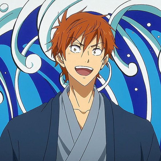 an anime boy with orange hair and blue eyes smiles happily at the viewer. he is wearing a dark blue yukata with a light blue inner layer. the background is a blue and white pattern of waves.