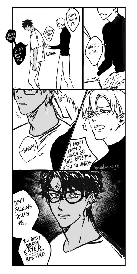 he image is a series of mangastyle panels depicting a dramatic and emotionally charged scene.  it appears to be fan art based on harry potter, referencing death eaters and portraying a tense and intimate interaction between characters, possibly a romantic relationship under duress. the art style is dark and expressive, utilizing strong shadows and closeups to amplify the characters' feelings. dialogue bubbles convey a conversation filled with conflict and emotional turmoil, hinting at a complex and potentially troubled relationship between the characters.  the overall tone is dark, serious, and suggests a significant turning point in the narrative.